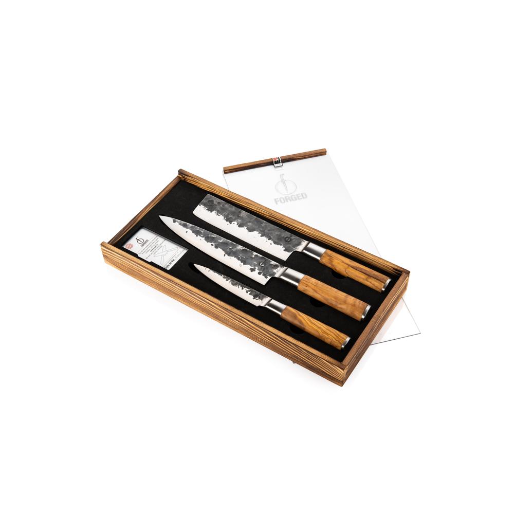 Forged Olive Messerset 3-teilig, Kochmesser, Hackbeil, Universalmesser