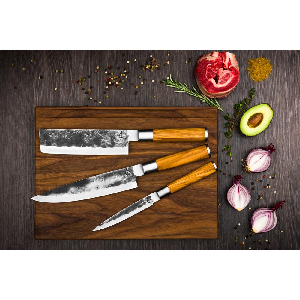 Forged Olive Messerset 3-teilig, Kochmesser, Hackbeil, Universalmesser